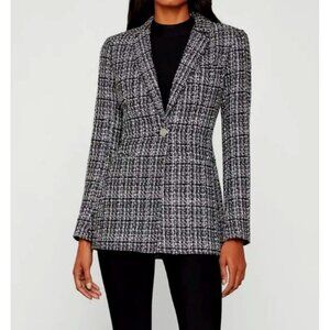 bcbg maxazria Black White Silver Metallic Tweed Long Sleeve Blazer Jacket Small